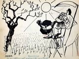 drawing of a man holding an umbrella in a field next to a tree