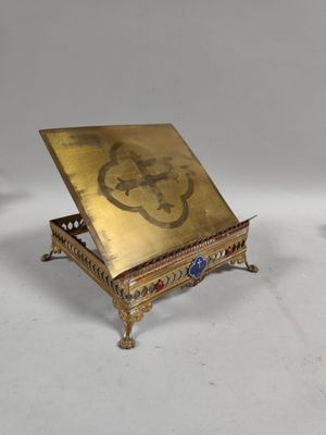 pair of antique brass plated music boxes with music stand