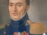 painting of a man in a military uniform holding a hat