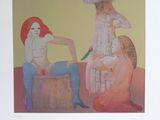 a painting of a woman sitting on a stool with a knife in her hand