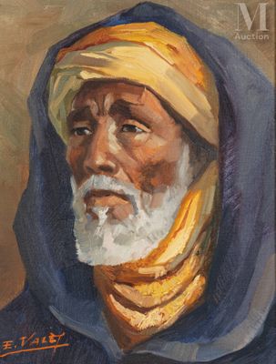 an oil painting of an old man wearing a blue hoodie and a yellow scarf