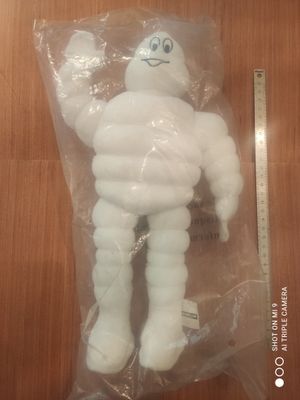 une peluche blanche dans un sac en plastique posé sur une table