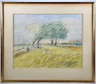 une image représentant un tableau où l'on voit deux arbres dans un champ