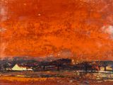 une image représentant un tableau montrant un ciel rouge au-dessus d'un champ