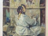 a painting of a woman sitting on a chair in front of a painting