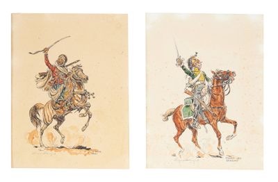 two drawings of men riding horses and holding swords in their hands