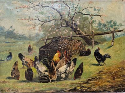 un tableau représentant des poulets dans un champ