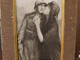 an old picture of a man and a woman kissing in front of a mirror