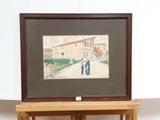painting of a couple walking down a path in front of a building