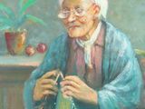 painting of an old woman sitting in a chair with a crochet