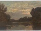 l'image d'une peinture représentant une rivière avec des arbres en arrière-plan