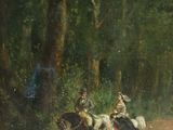 a painting of two people riding horses in a wooded area