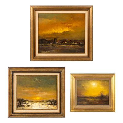 trois tableaux encadrés représentant un paysage avec un coucher de soleil en arrière-plan