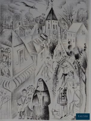 a black and white drawing of people in a town