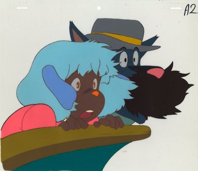 cellule d'animation représentant un chat et un chien dans un bateau