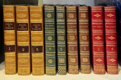 plusieurs vieux livres sont alignés sur une étagère dans une bibliothèque