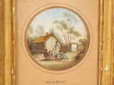 an old picture of a painting of a farm scene in a gold frame