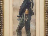 an old picture of a man in uniform holding a sword