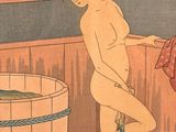 a painting of a woman standing on a stool next to a bath tub