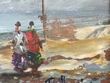 a painting of two people riding a motorcycle on the beach