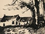 an image of a black and white drawing of a house and trees