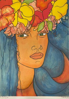 tableau représentant une femme avec des fleurs dans les cheveux