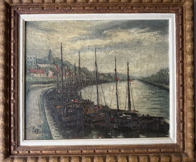a picture of a painting of boats in a harbor
