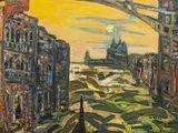 peinture d'une vue d'une ville avec un pont sur une rivière