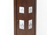 a tall wooden display case with pictures on it