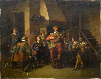 une image d'une peinture représentant un groupe de personnes jouant des instruments
