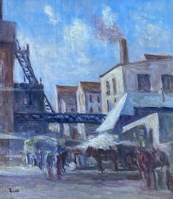 tableau représentant une scène de rue avec des passants et des bâtiments