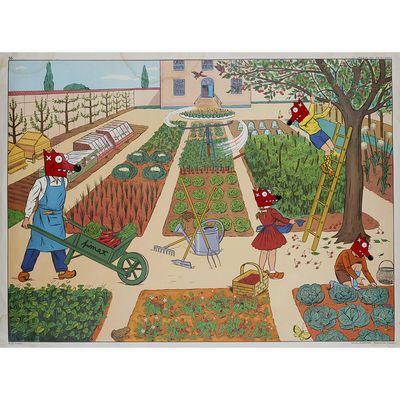 un tableau représentant des personnes travaillant dans un jardin avec une brouette