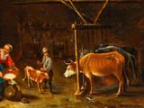 painting of a man milking a cow in a barn with a woman and two children