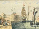 a painting of a harbor scene with ships and people