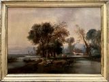 une image représentant un tableau où l'on voit une rivière avec une maison au loin