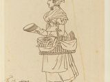 an old drawing of a woman holding a basket of food