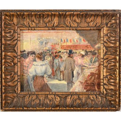 une peinture à l'huile représentant une foule de personnes sur un marché