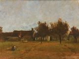 an image of a painting of a farm scene with a cow grazing in the foreground