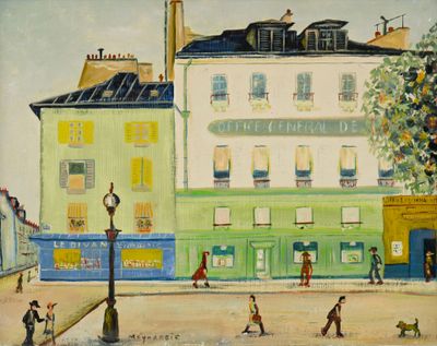 painting of a street scene with people and a dog in the foreground