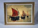 painting of three boats with red sails floating in a body of water