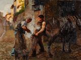 un tableau représentant un homme et une femme avec un cheval