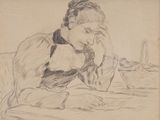 drawing of a woman sitting at a table with her hand on her face