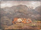 tableau représentant deux tigres se reposant au sol devant une montagne