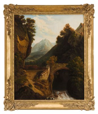 a painting of a mountain landscape with a bridge and a stream