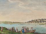 tableau représentant une vue sur une rivière avec des bateaux et des personnes sur la rive