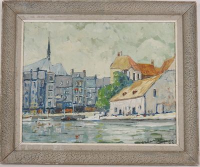 une image représentant un tableau d'une ville au bord d'un plan d'eau