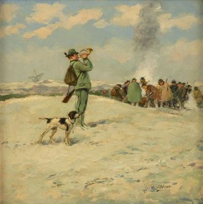 an image of a painting of a man and a dog in the snow
