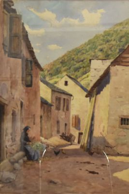 a painting of a man sitting on the side of a building