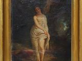 tableau représentant une femme en robe blanche tenant une canne