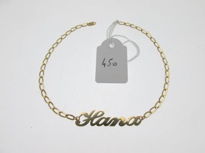 a close up of a gold chain bracelet with a name on it